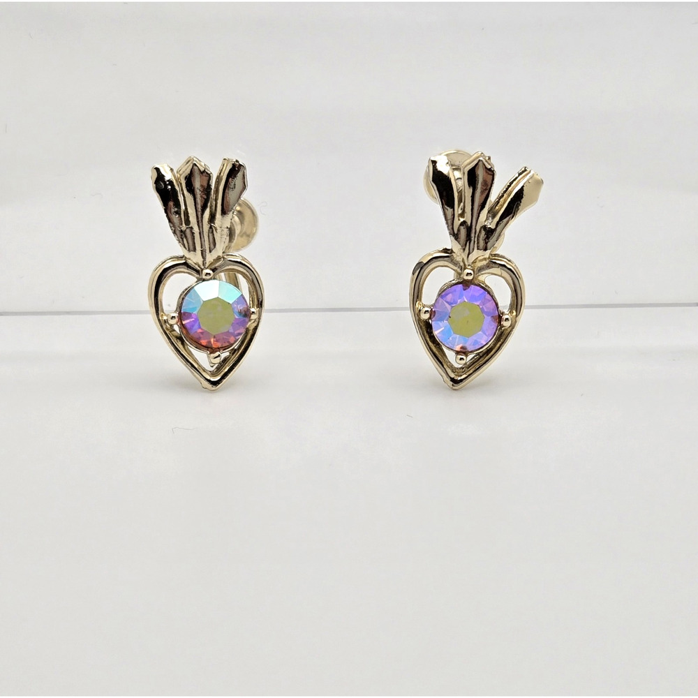 Vintage Heart Earrings Aurora Borealis Rhinestone Goldtone Screwbacks Atomic MCM